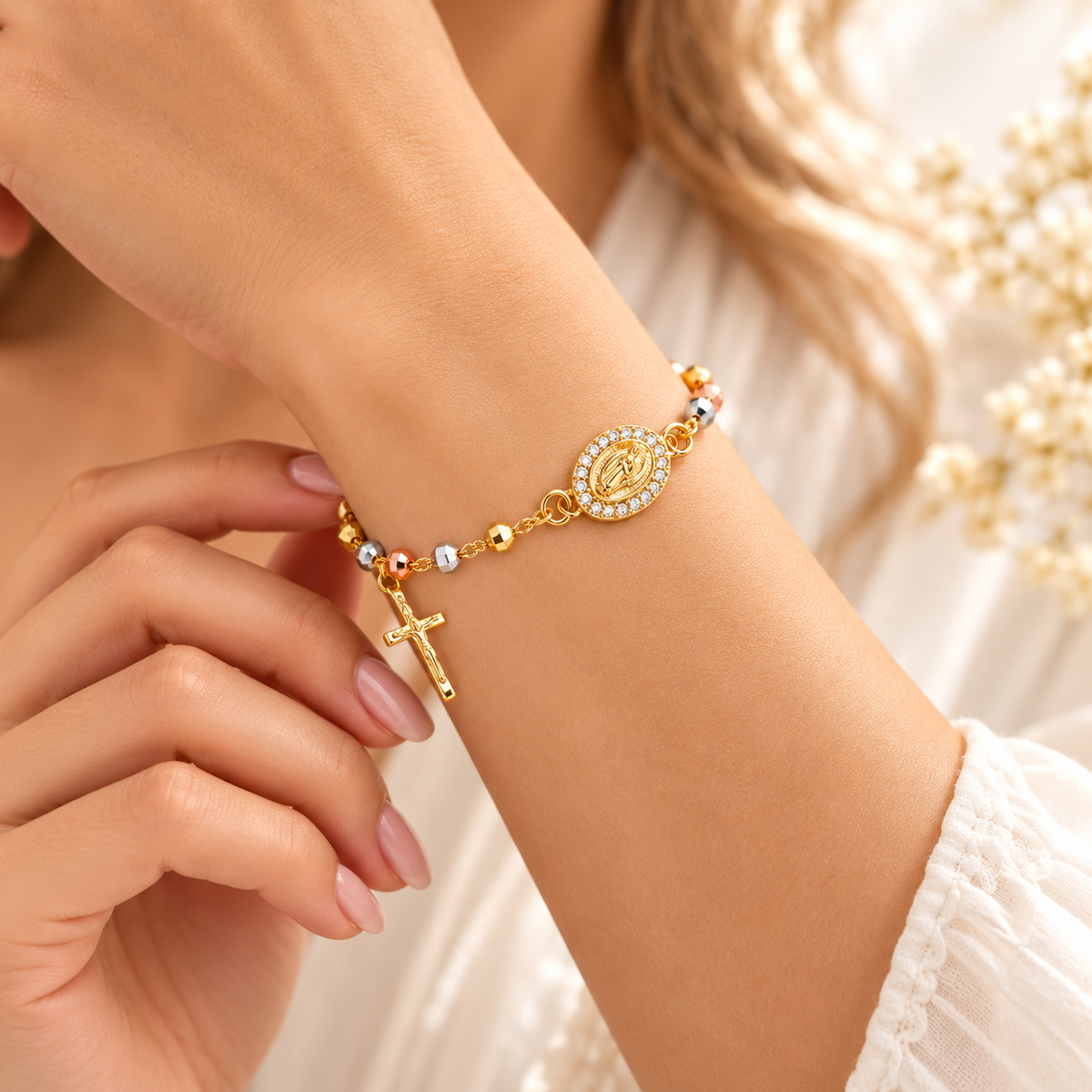 Pulsera Rosario Virgen María Dorada