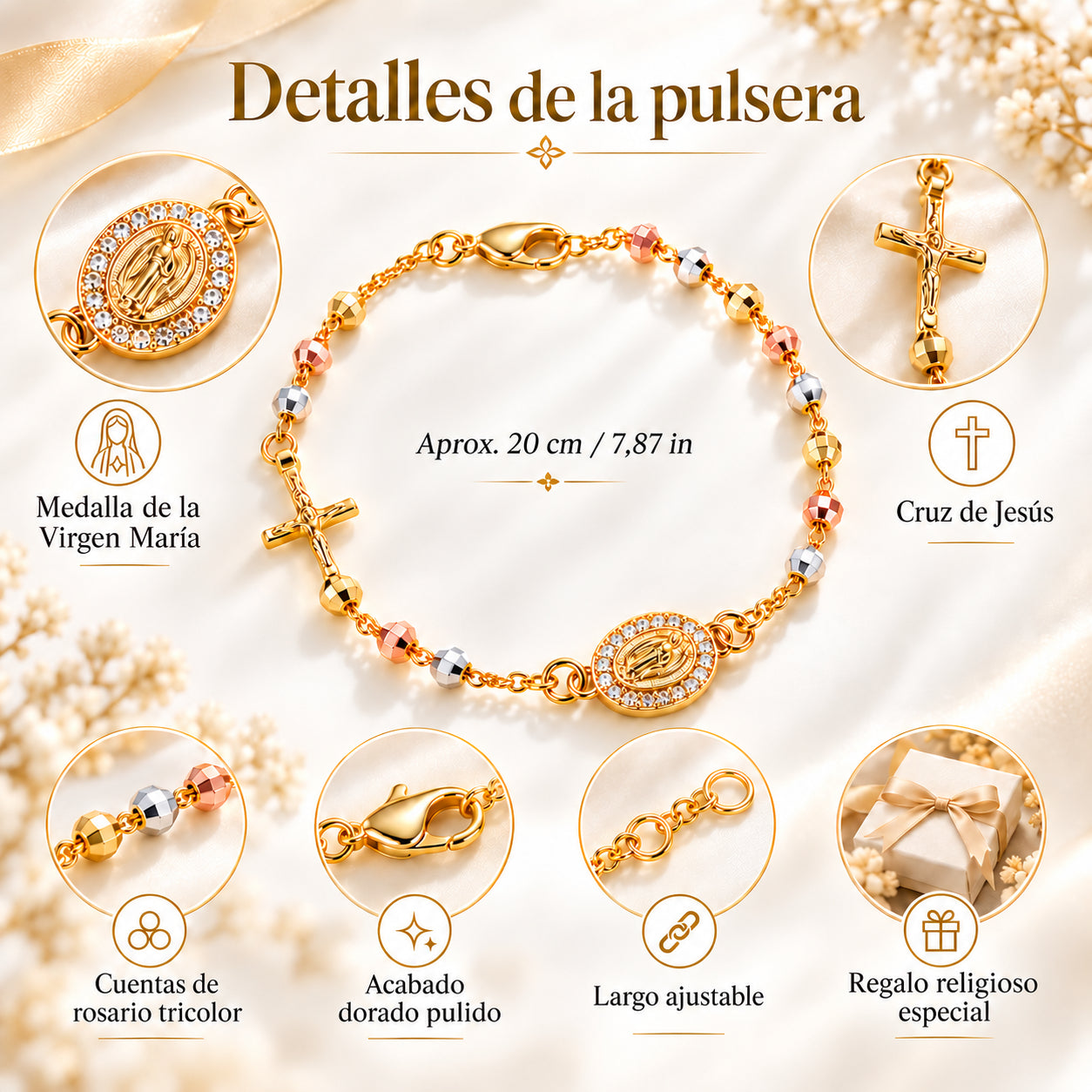 Infografía «Detalles de la pulsera» de la Pulsera Rosario Virgen María Dorada: medalla de la Virgen María, cruz de Jesús, cuentas de rosario tricolor, cierre de acabado dorado pulido, largo ajustable con anillas, aprox. 20 cm / 7,87 in, y regalo religioso especial