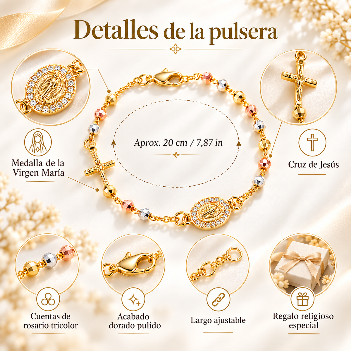 Pulsera Rosario Virgen María Dorada